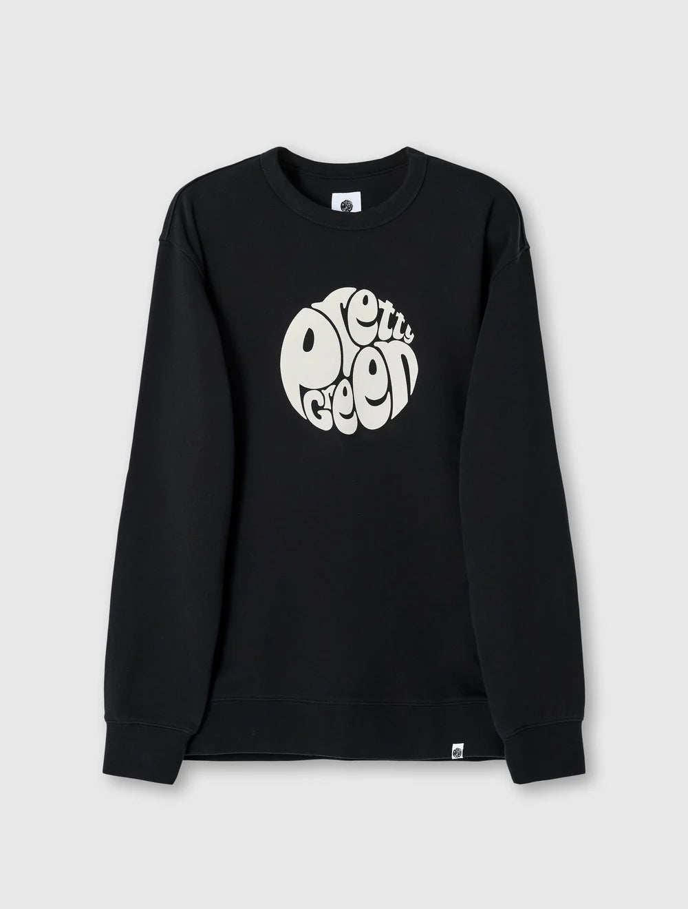 Black sweatshirt with white graphic design on a light gray background