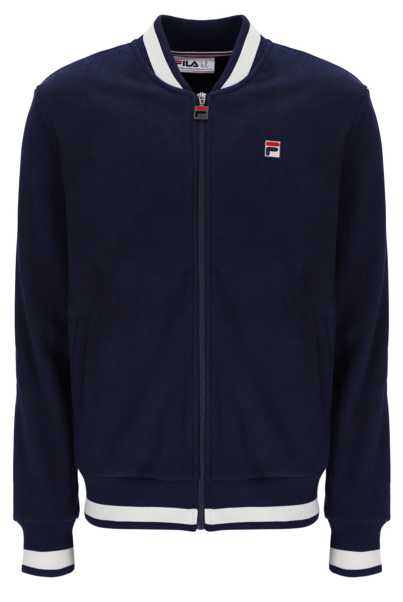 Navy blue jacket with white accents and a logo on a white background