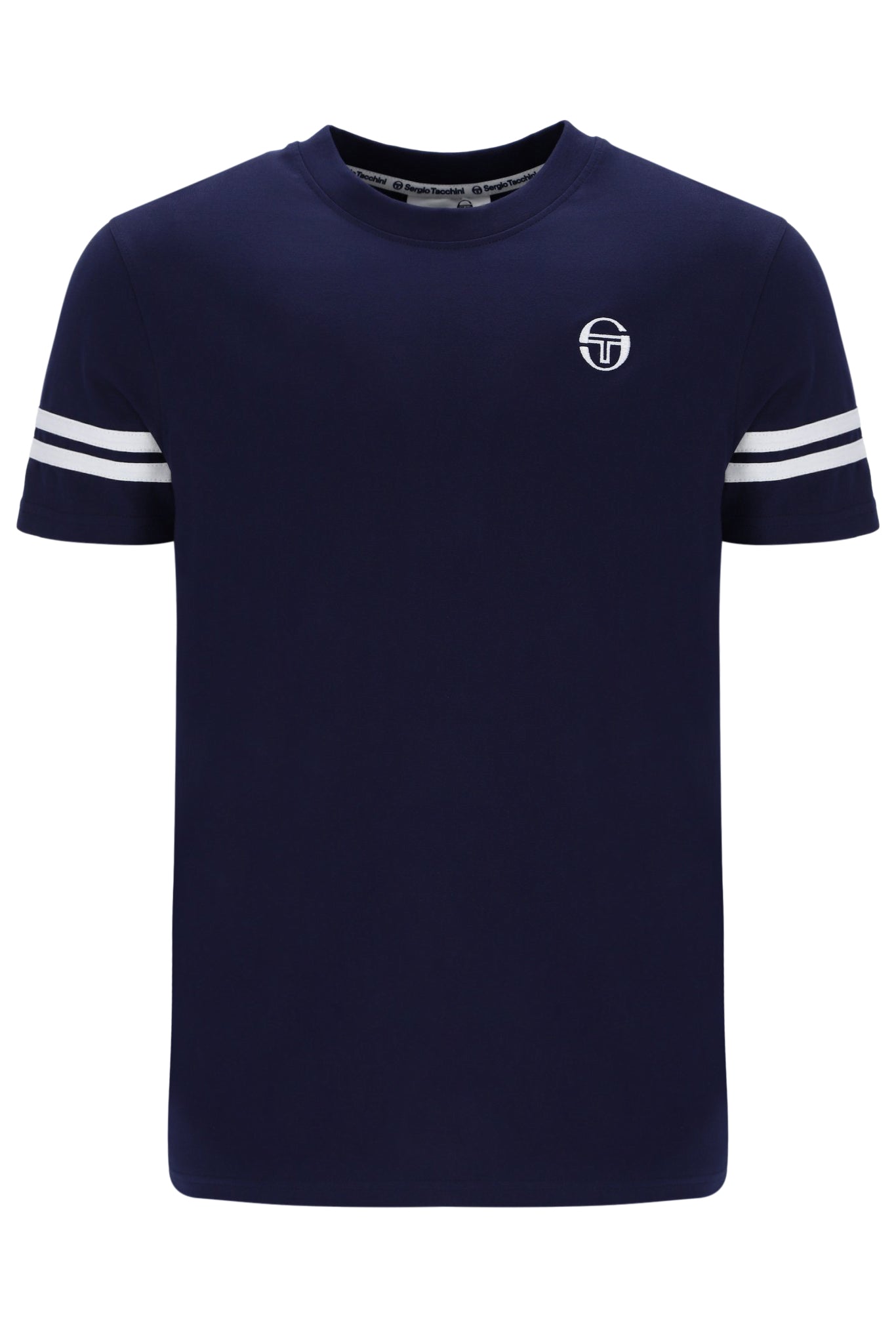 A Sergio Tacchini Grello T-shirt in maritime blue and white with embroidered logo, ribbed neckline and cuffs, and contrasting arm stripes.