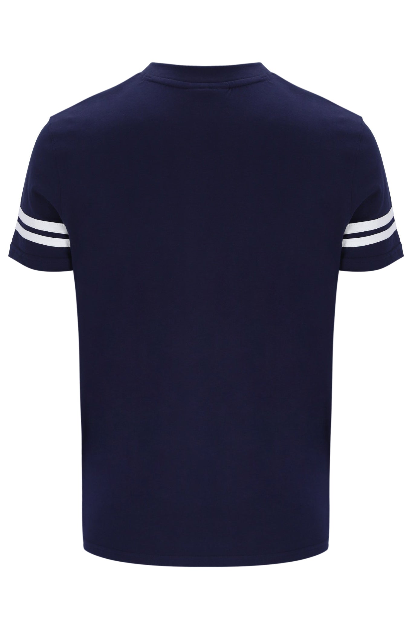 A Sergio Tacchini Grello T-shirt in maritime blue and white with embroidered logo, ribbed neckline and cuffs, and contrasting arm stripes.