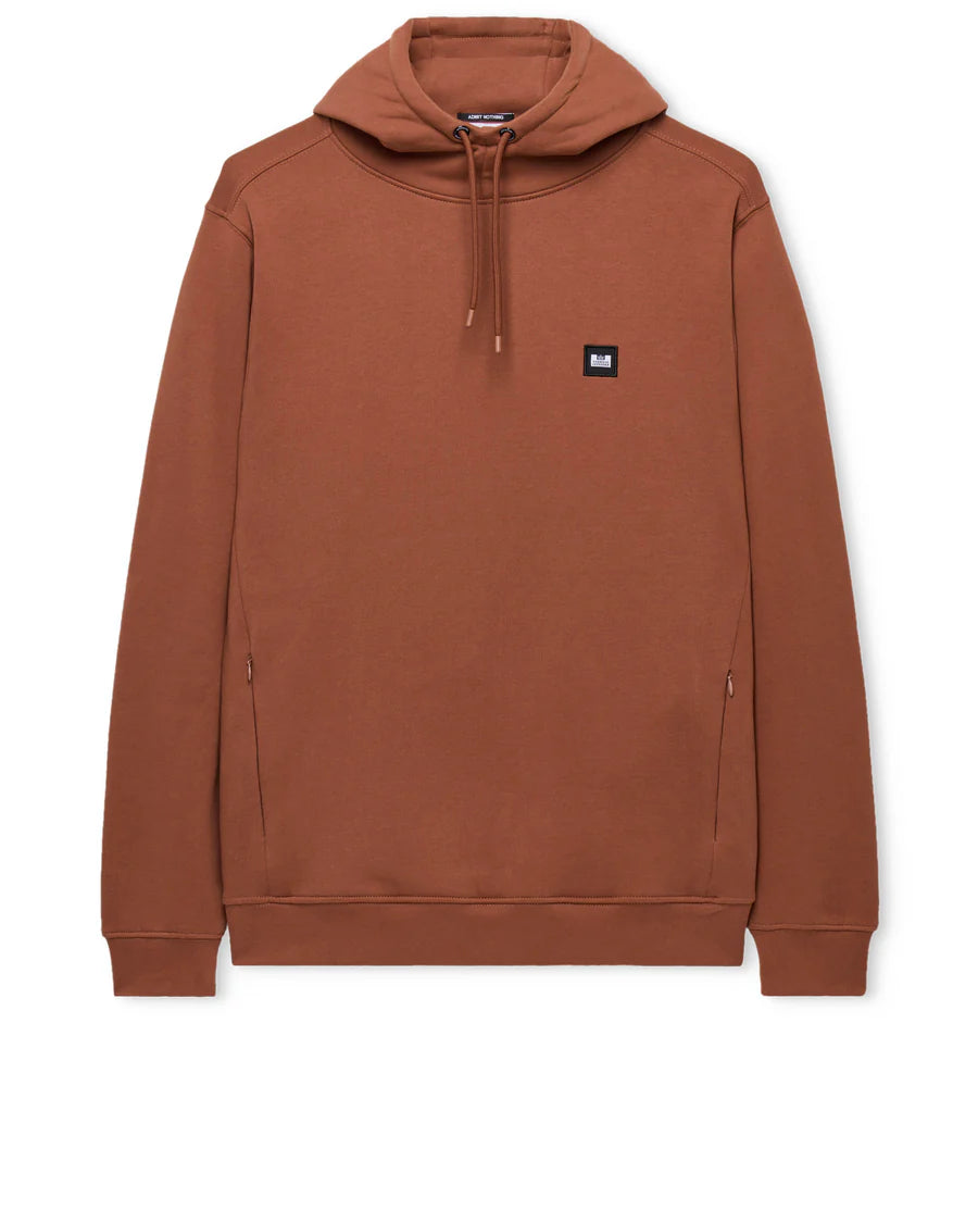 Brown hoodie with a small black logo on a white background