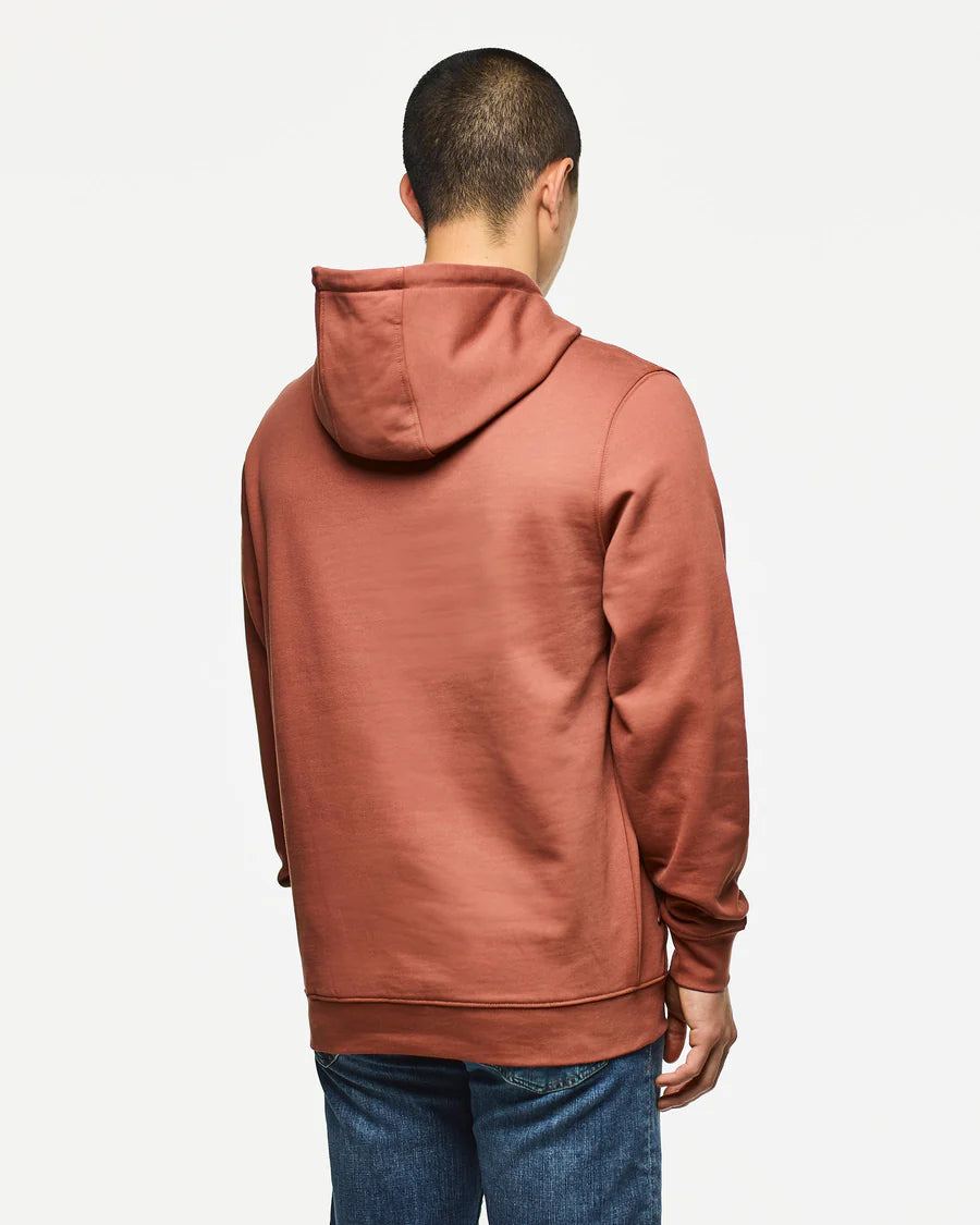 Person wearing a brown hoodie from behind on a white background