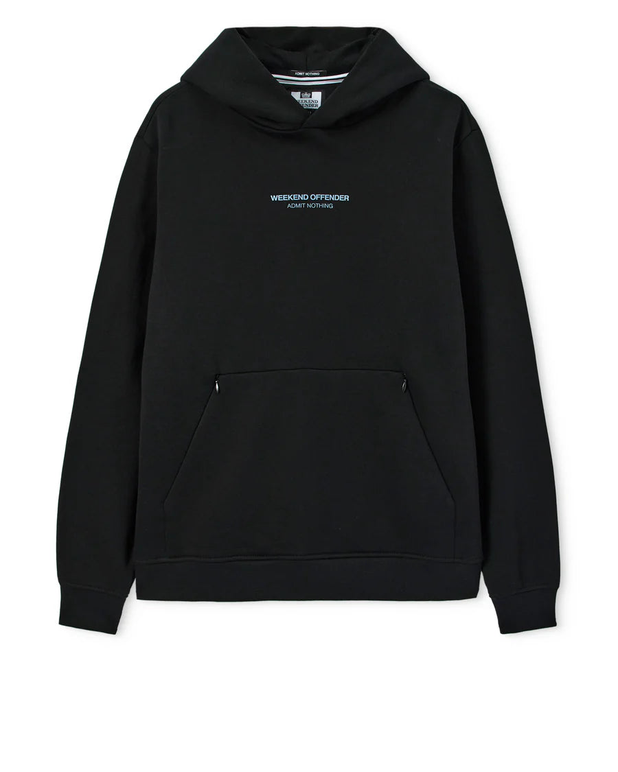 Black hoodie with a small logo on a white background