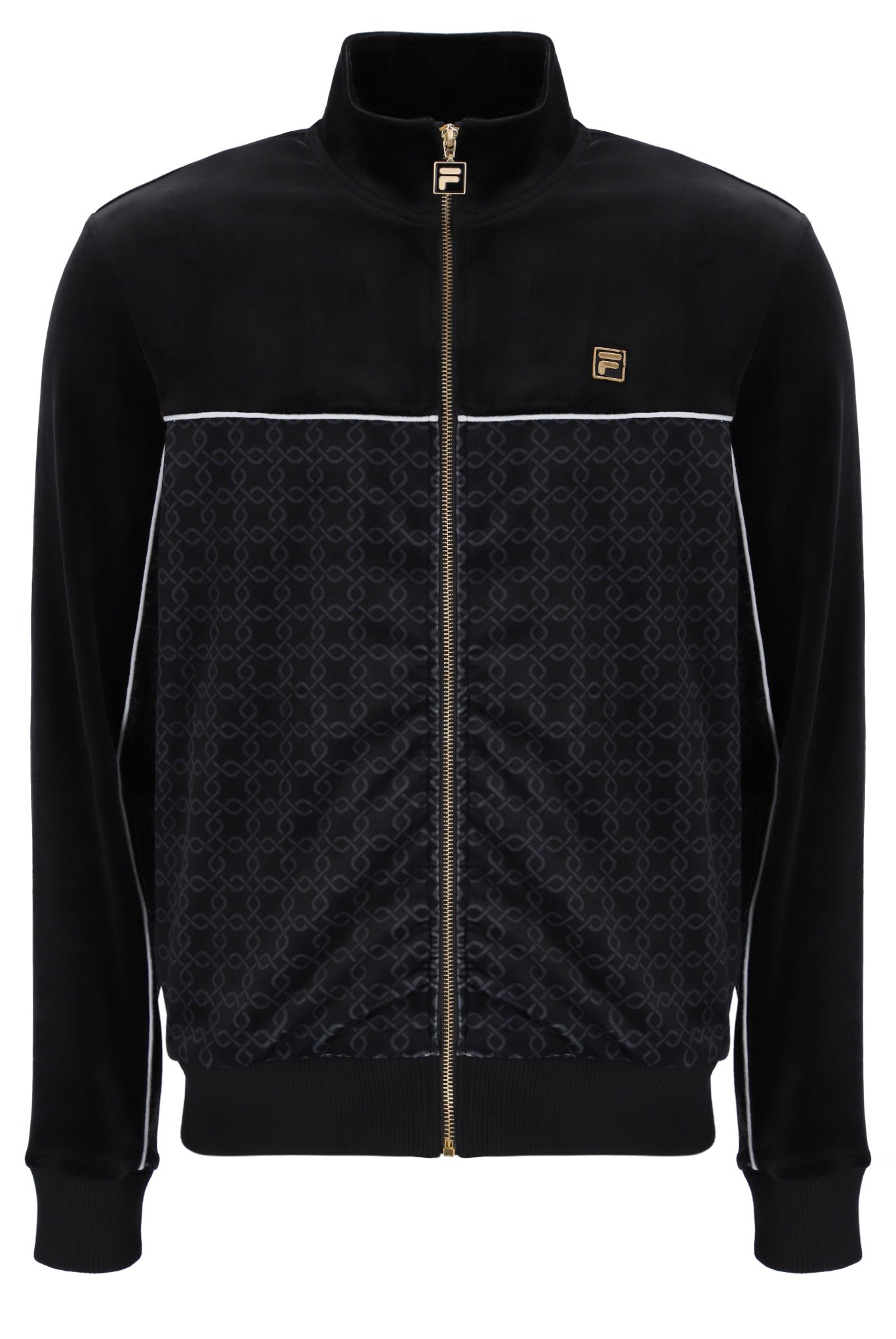 Black jacket with patterned front and visible brand logo on a white background