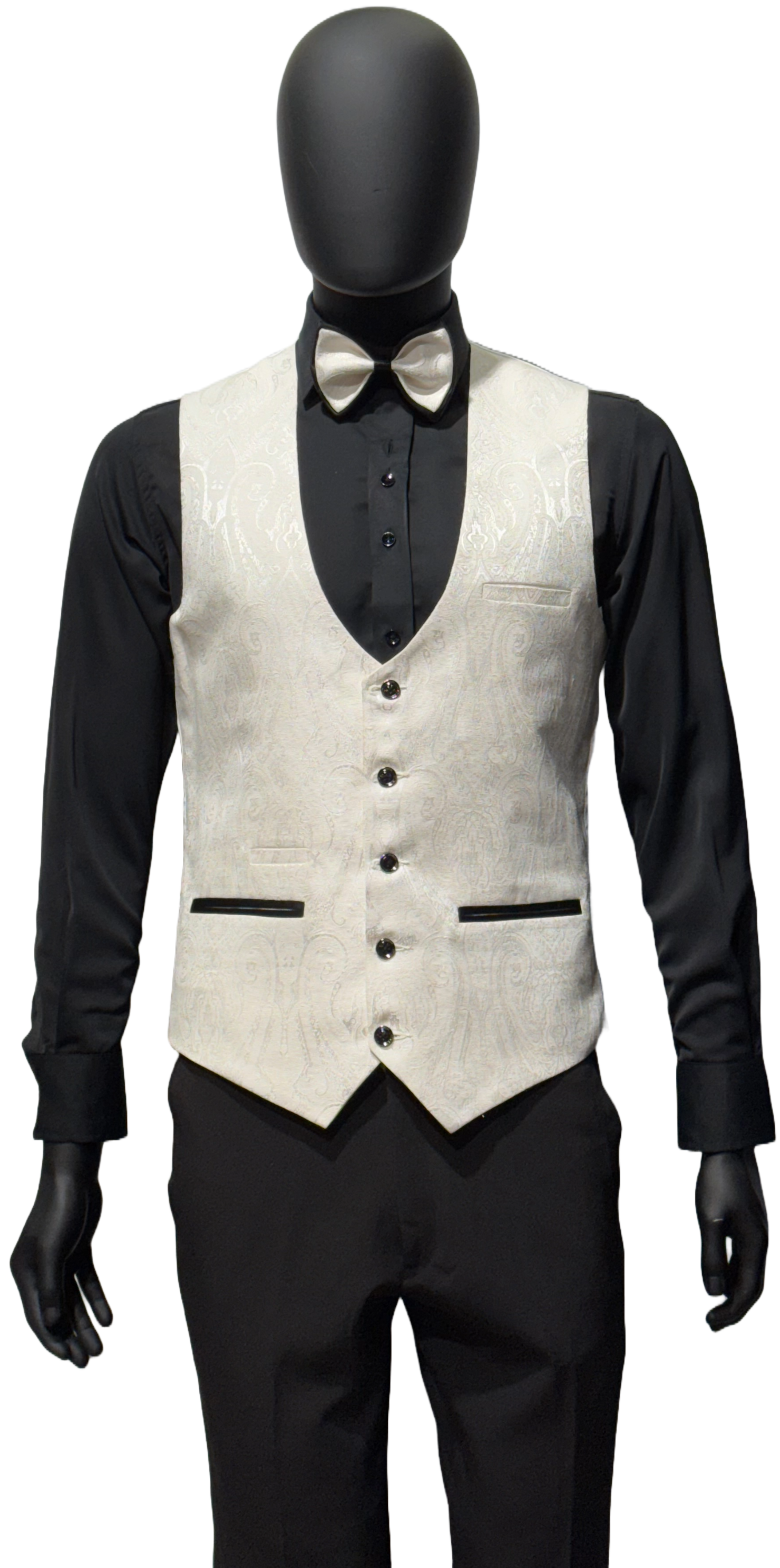 A mannequin wearing a white tuxedo on a white background