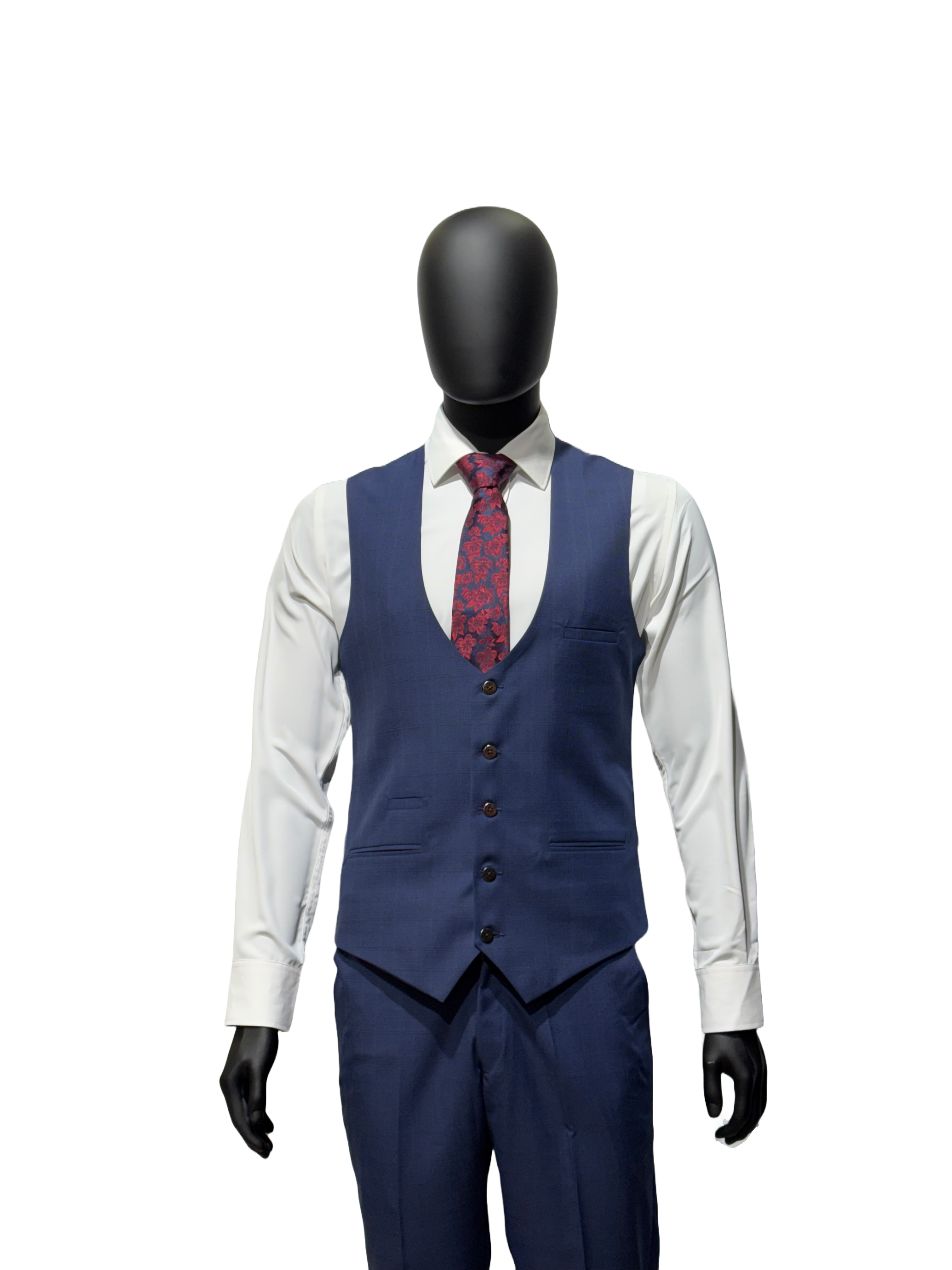 A mannequin wearing a white tuxedo on a white background