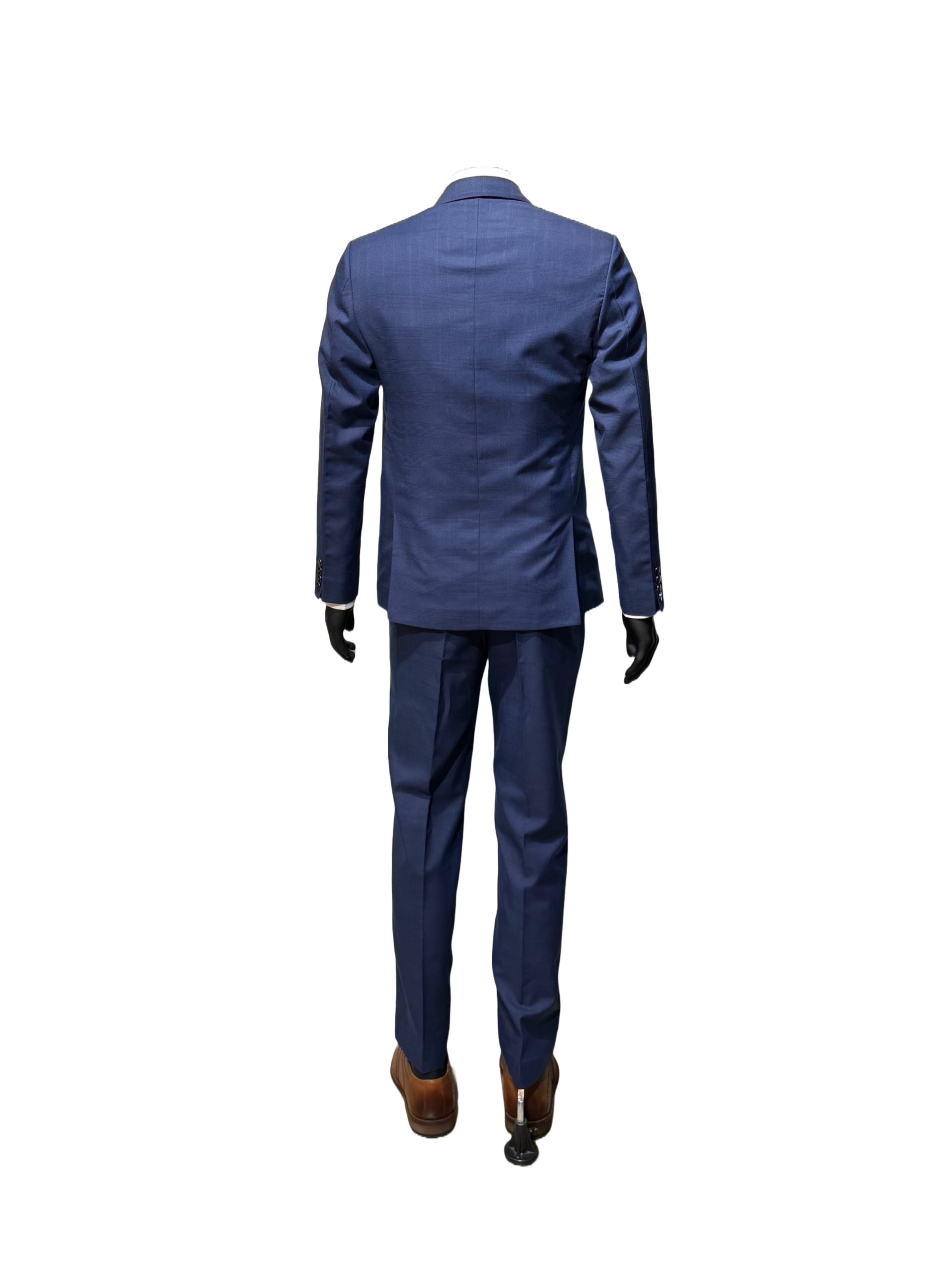 Blue suit on a mannequin against a white background