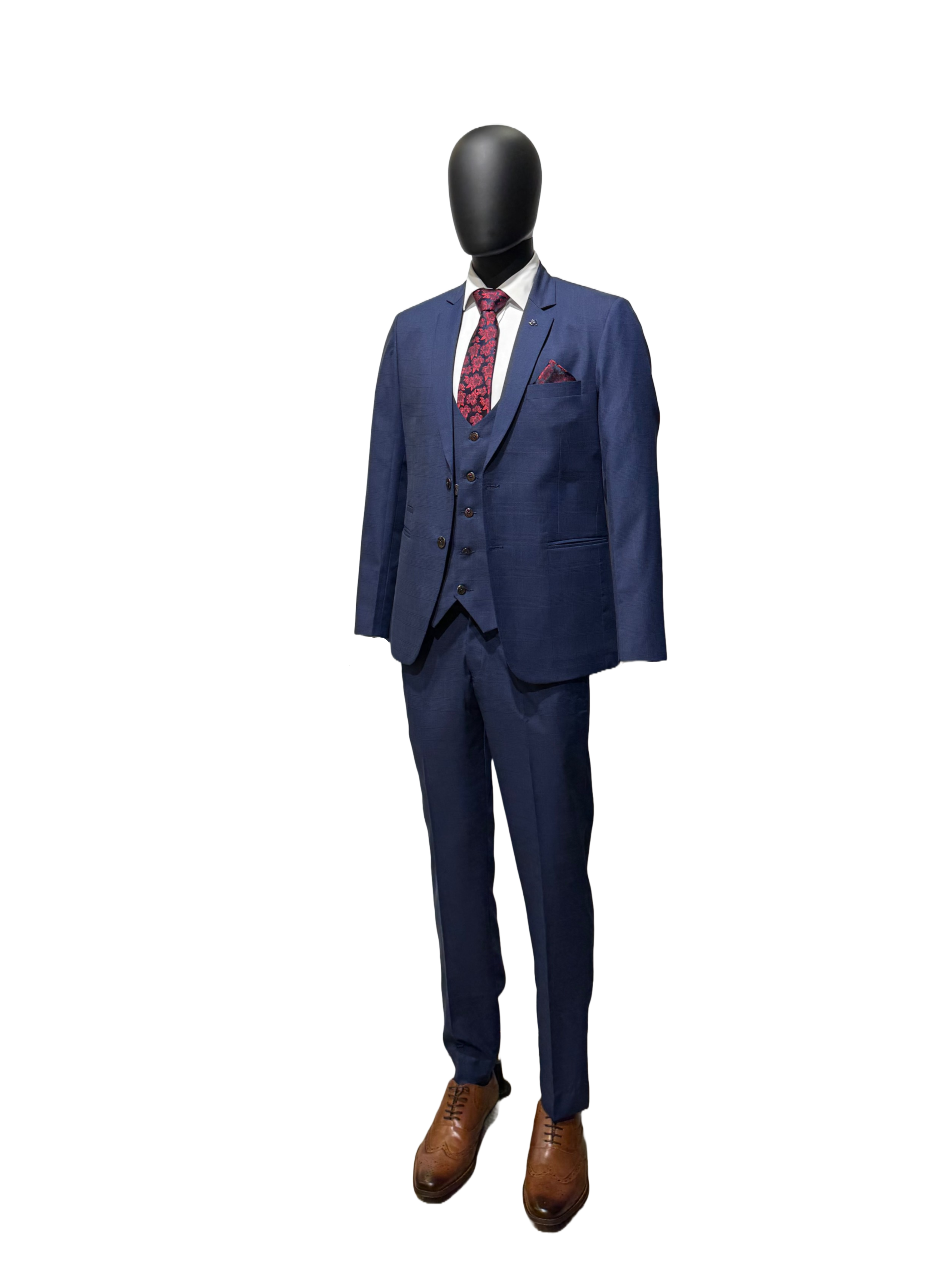 Blue suit on a mannequin against a white background