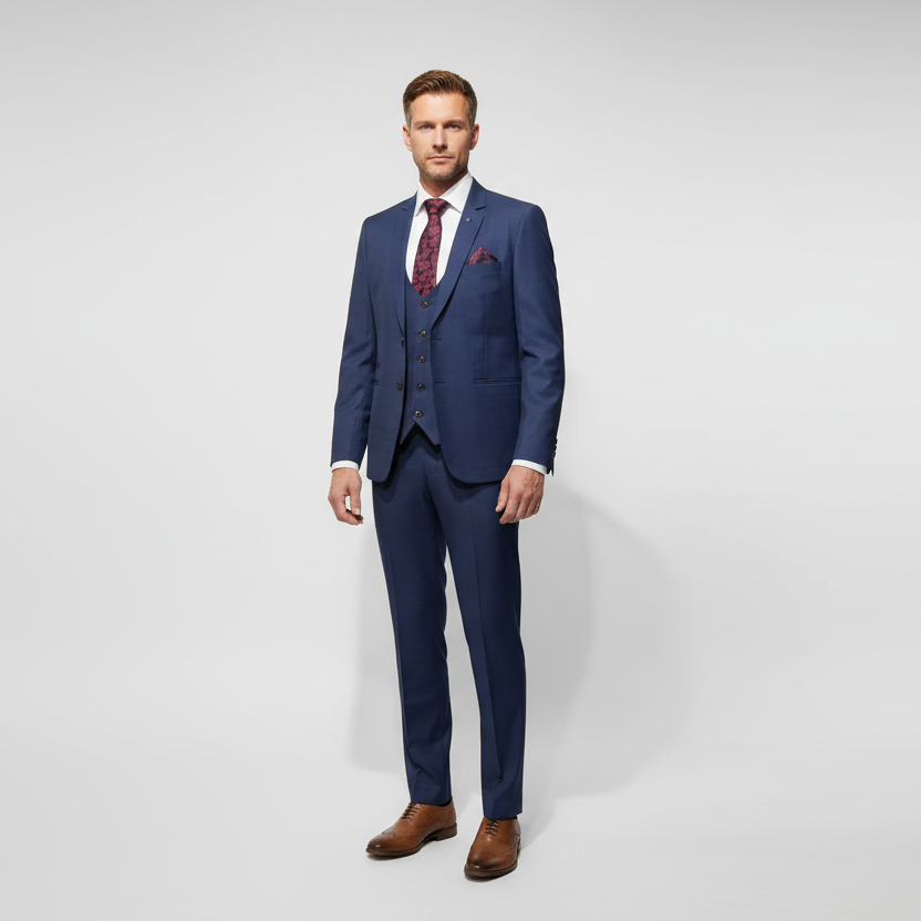 Blue suit on a mannequin against a white background