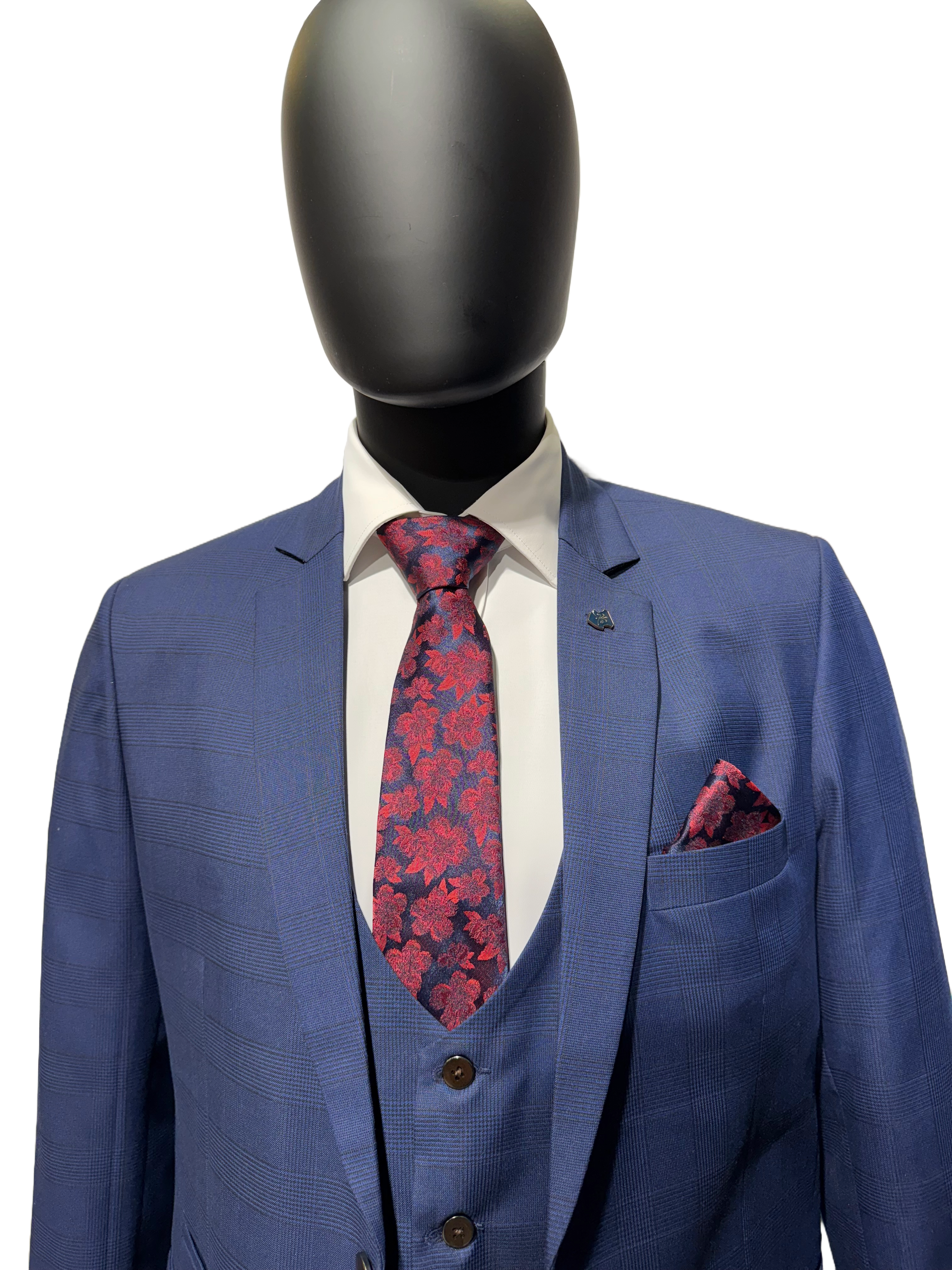 Blue suit on a mannequin against a white background