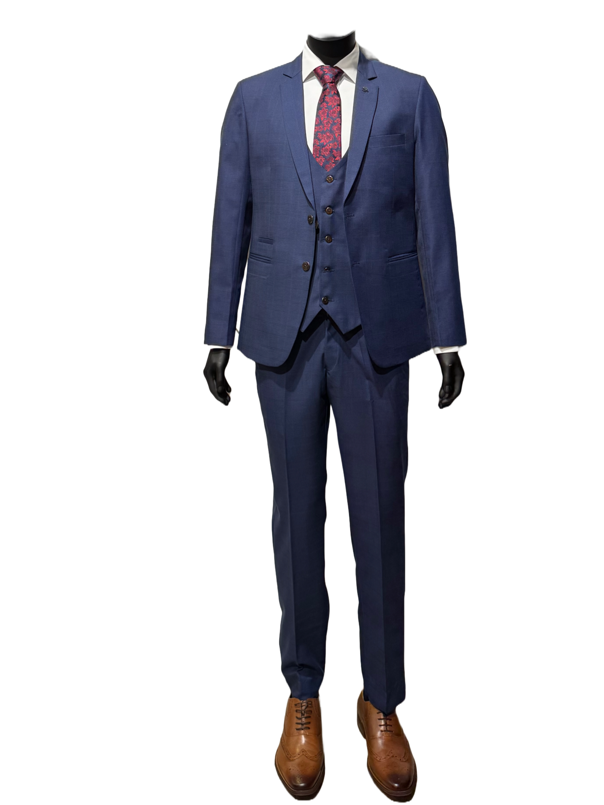 A three-piece navy suit with check pattern, displayed on a mannequin, including a jacket, waistcoat, and trousers, paired with a tie and shoes.