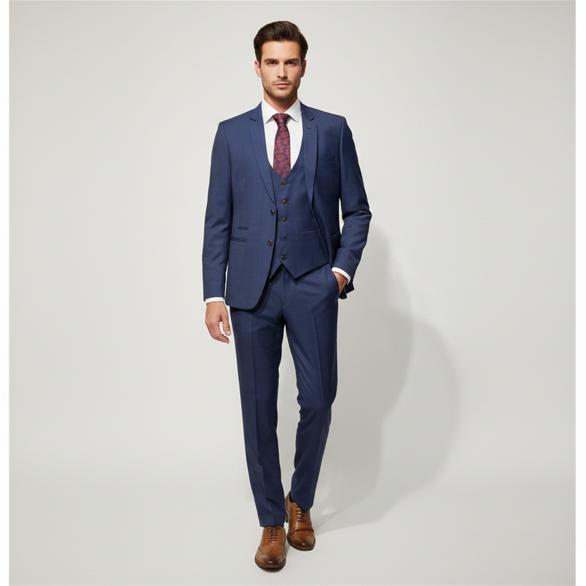 A three-piece navy suit with check pattern, displayed on a mannequin, including a jacket, waistcoat, and trousers, paired with a tie and shoes.