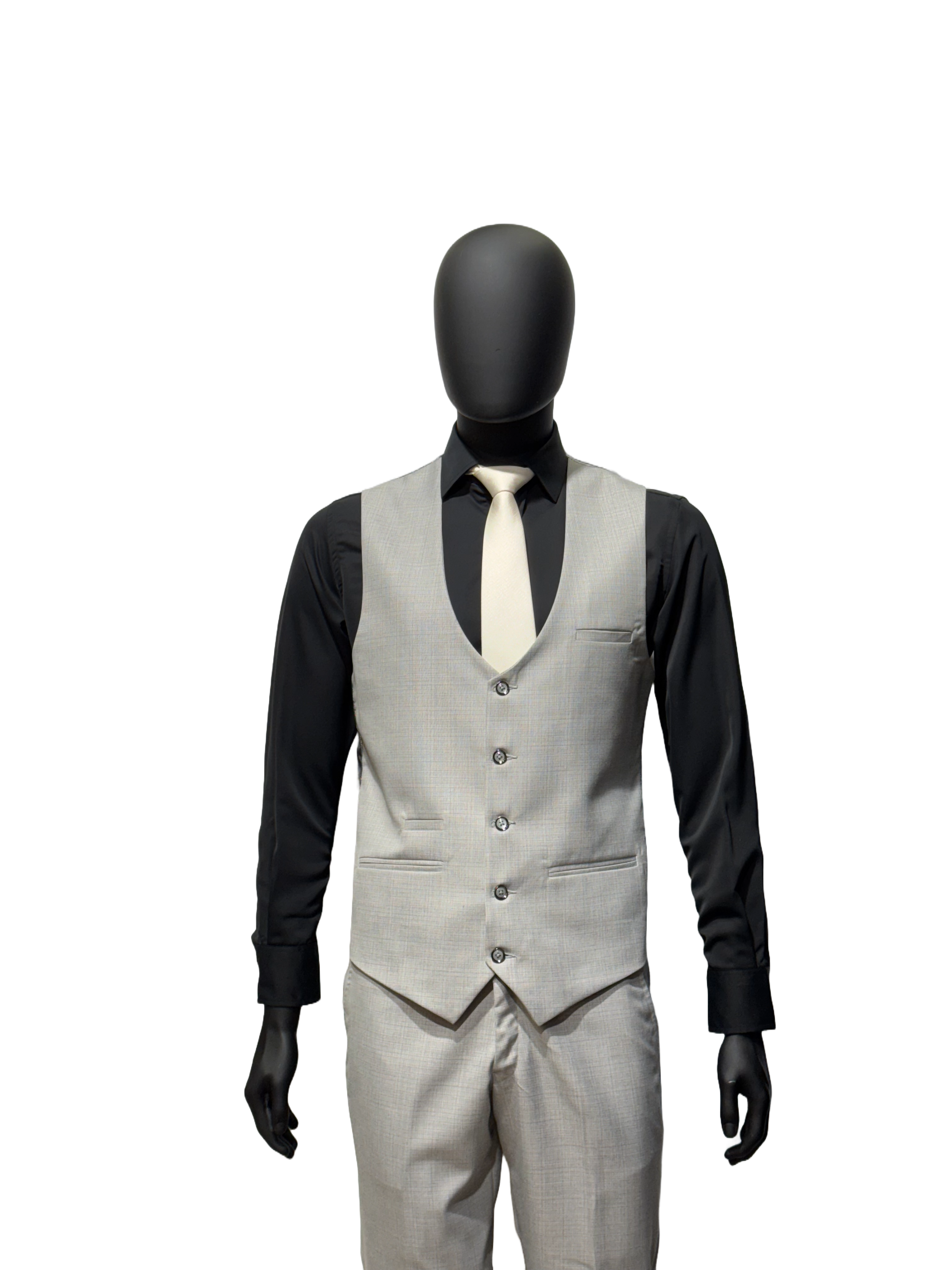 Grey suit on a mannequin against a white background