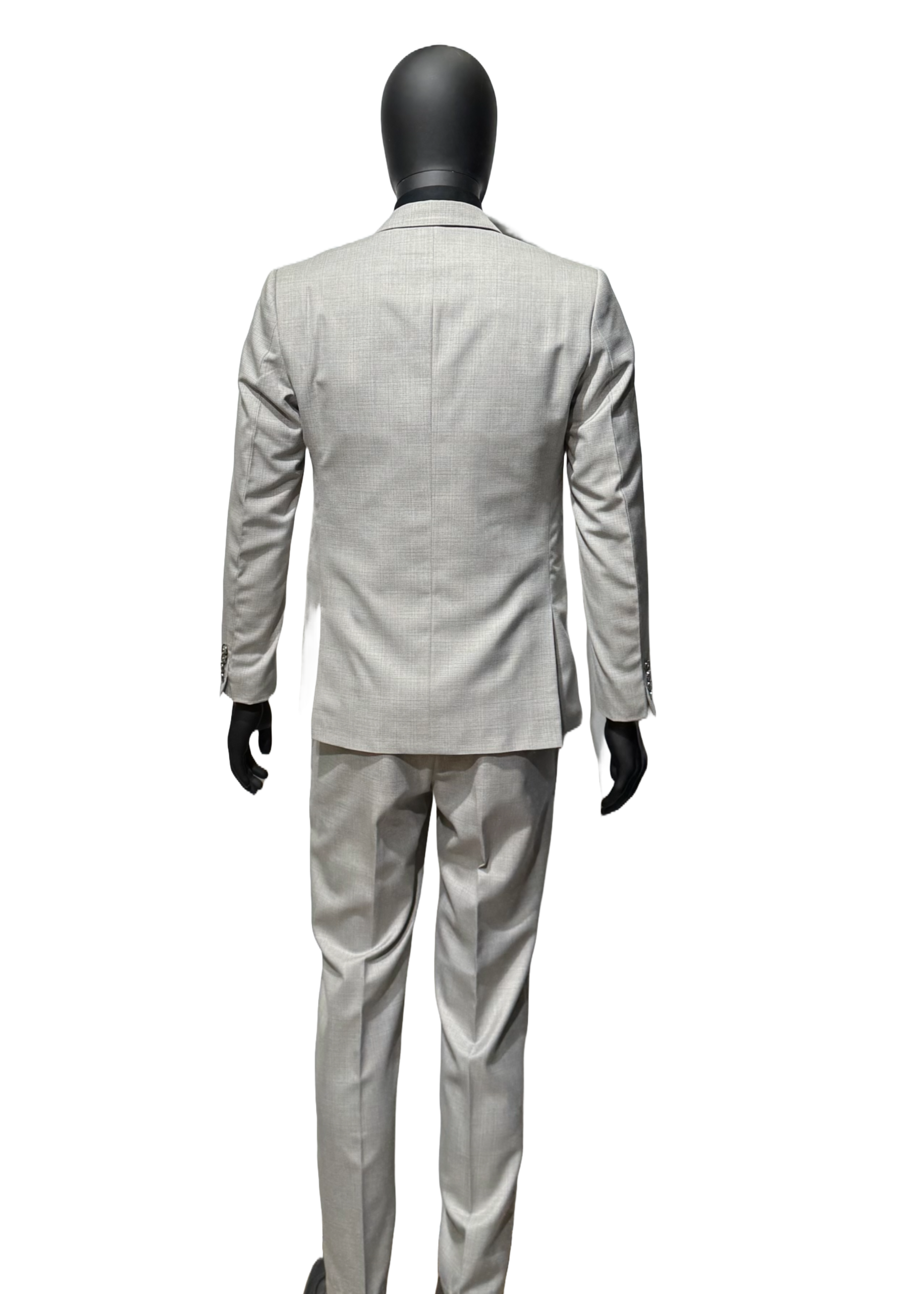 Grey suit on a mannequin against a white background