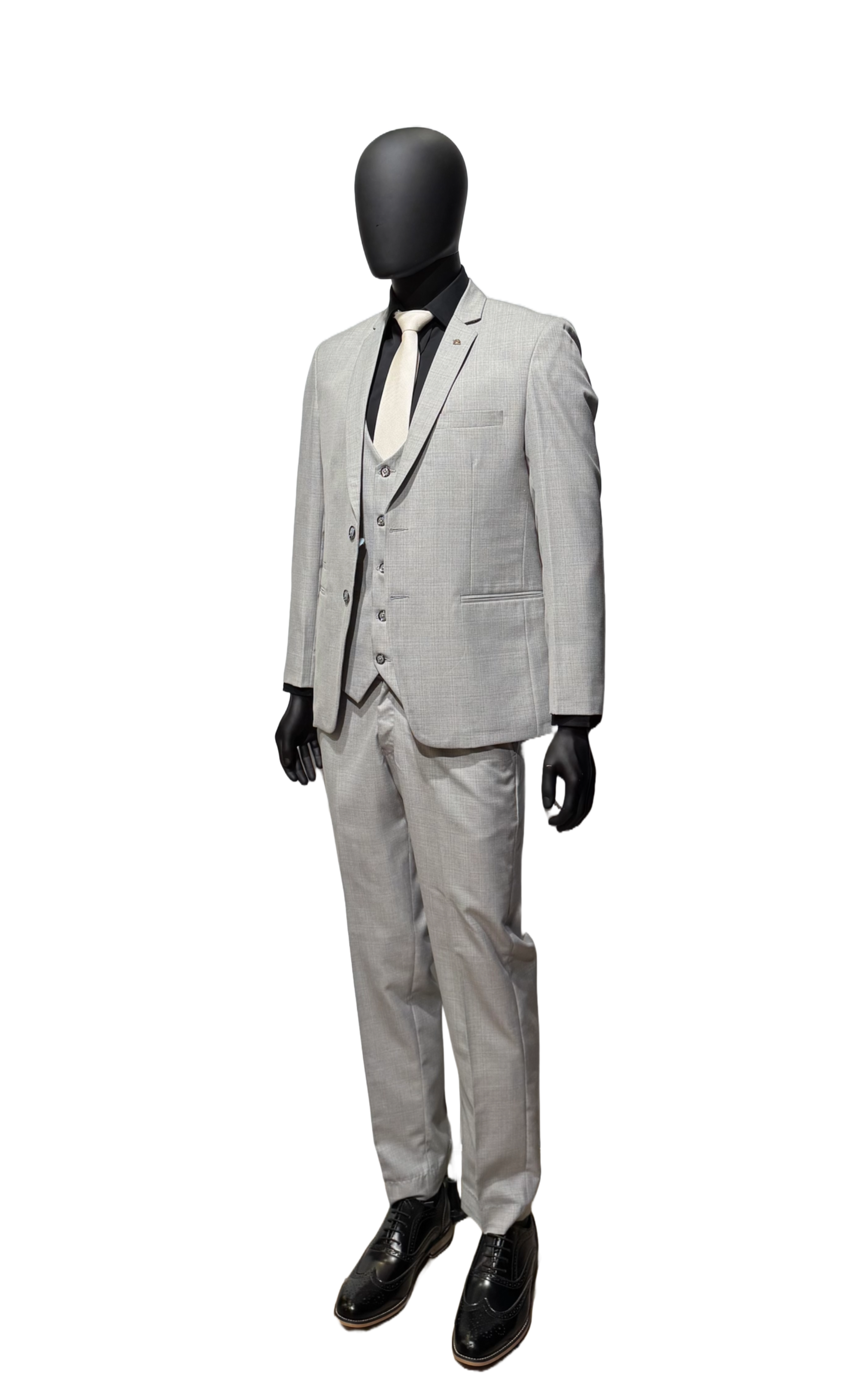Grey suit on a mannequin against a white background