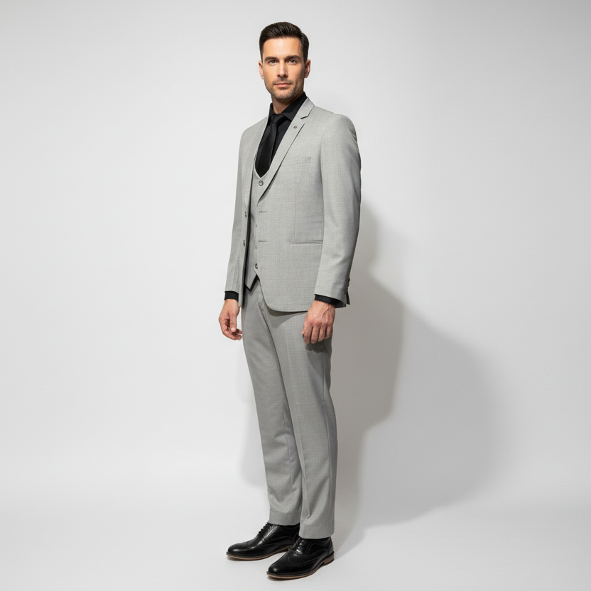 Grey suit on a mannequin against a white background