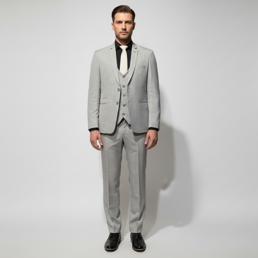 A three-piece light grey suit displayed on a mannequin, consisting of a jacket, trousers, and a tie.