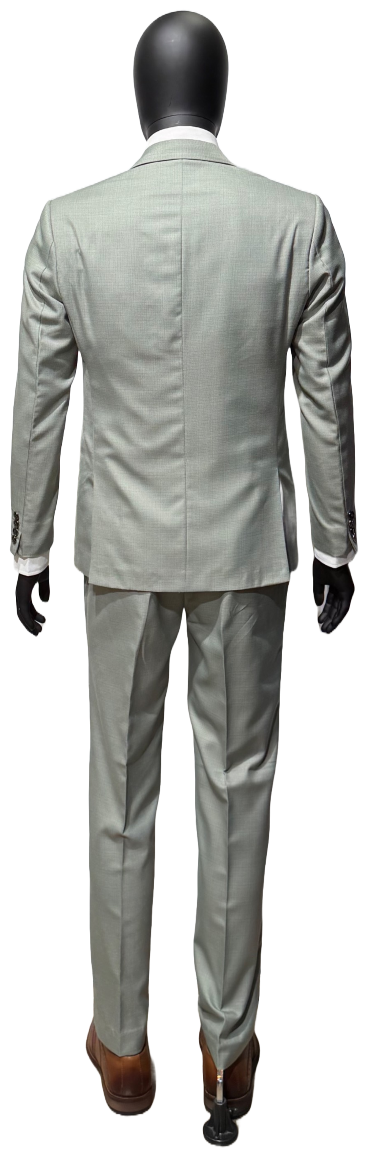 Grey suit on a mannequin against a white background
