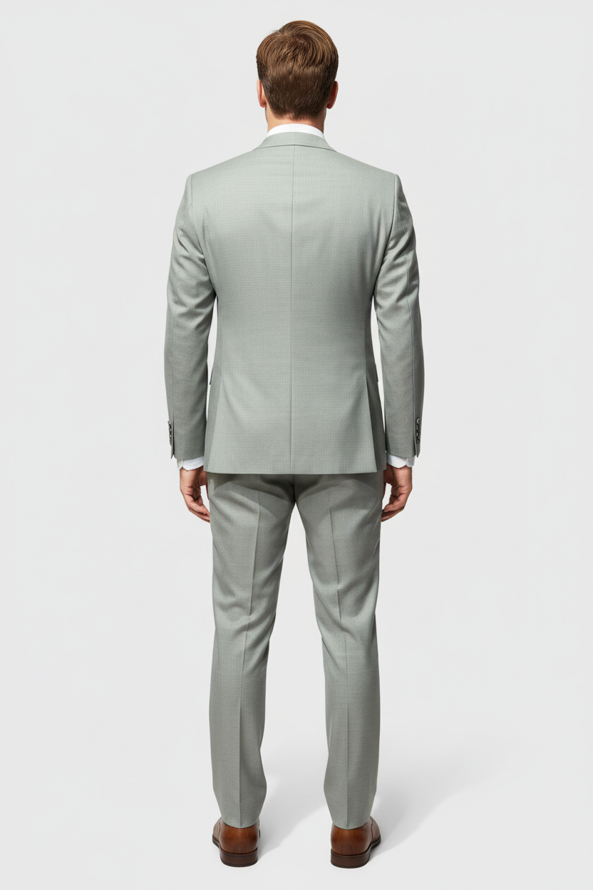 Grey suit on a mannequin against a white background
