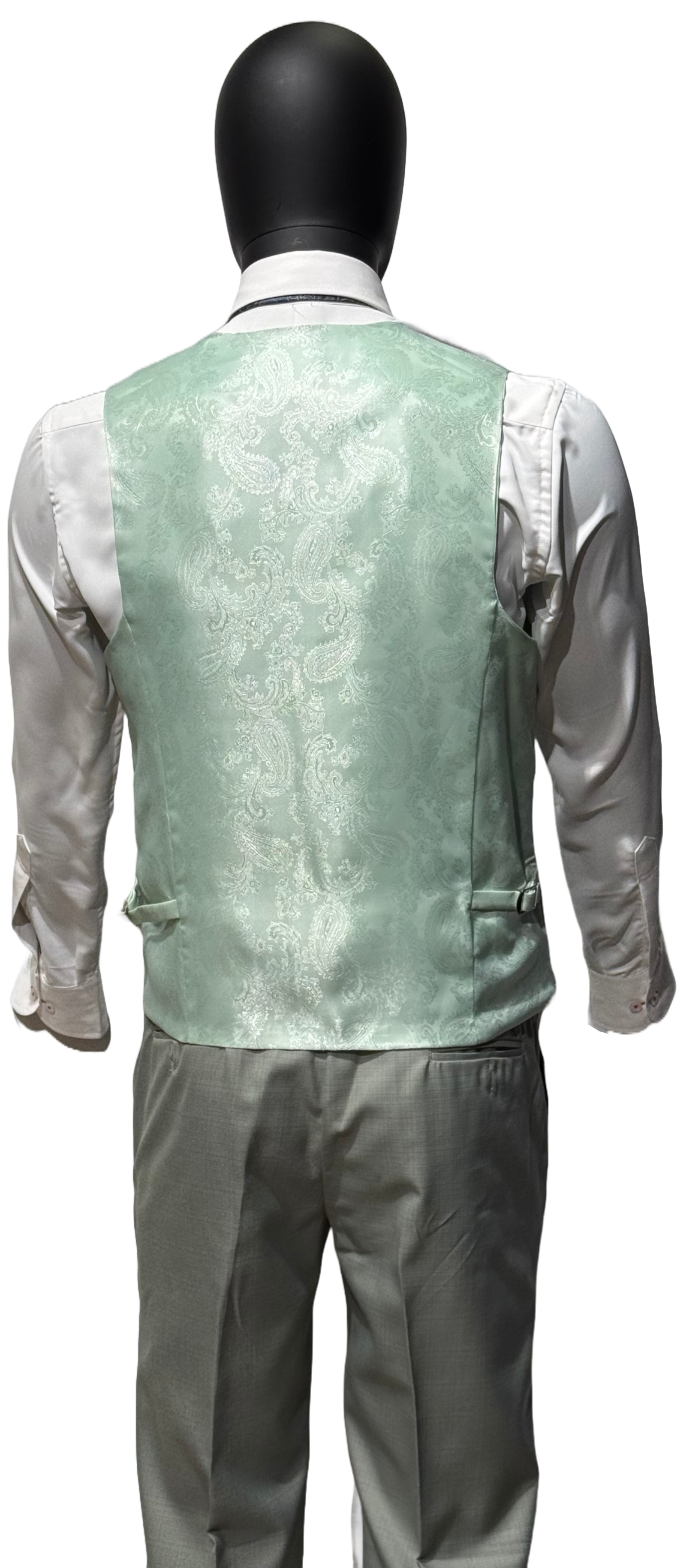 Grey suit on a mannequin against a white background