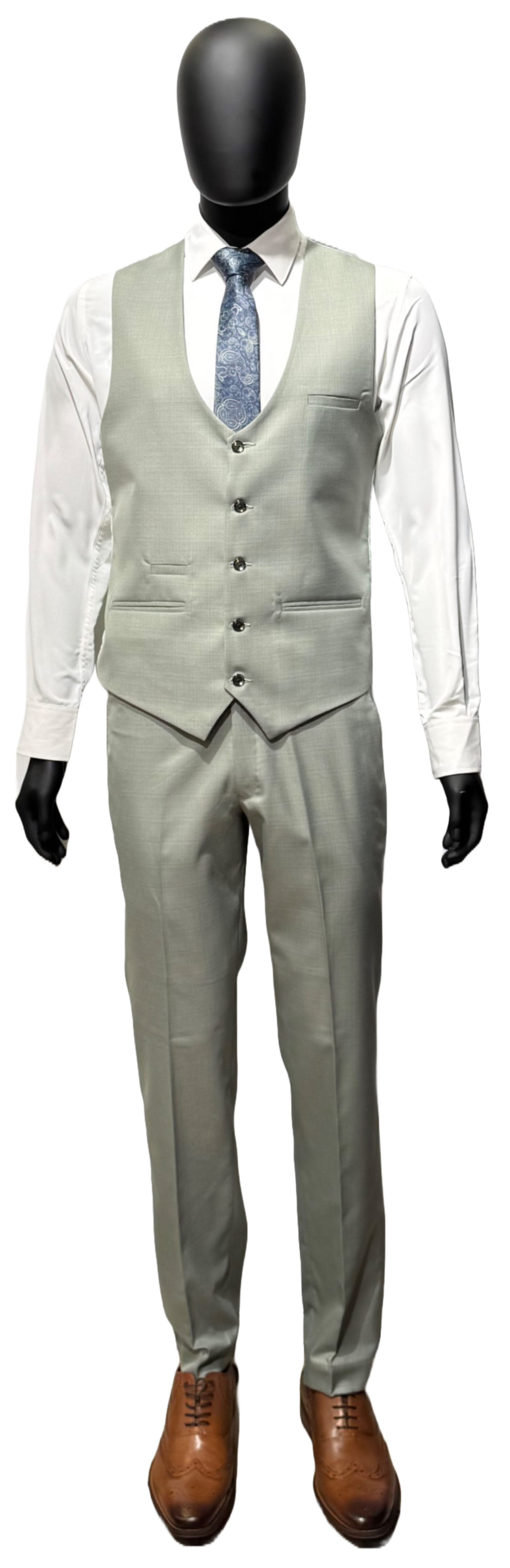 Grey suit on a mannequin against a white background