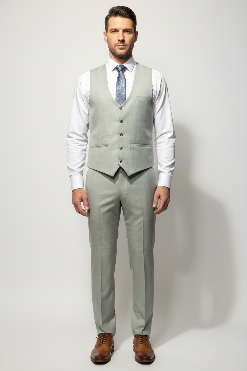 Grey suit on a mannequin against a white background