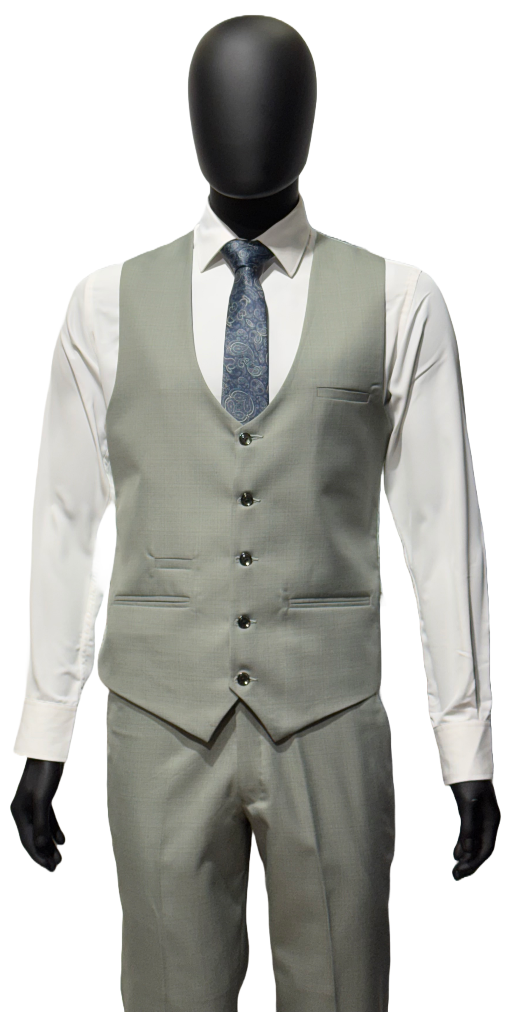 Grey suit on a mannequin against a white background