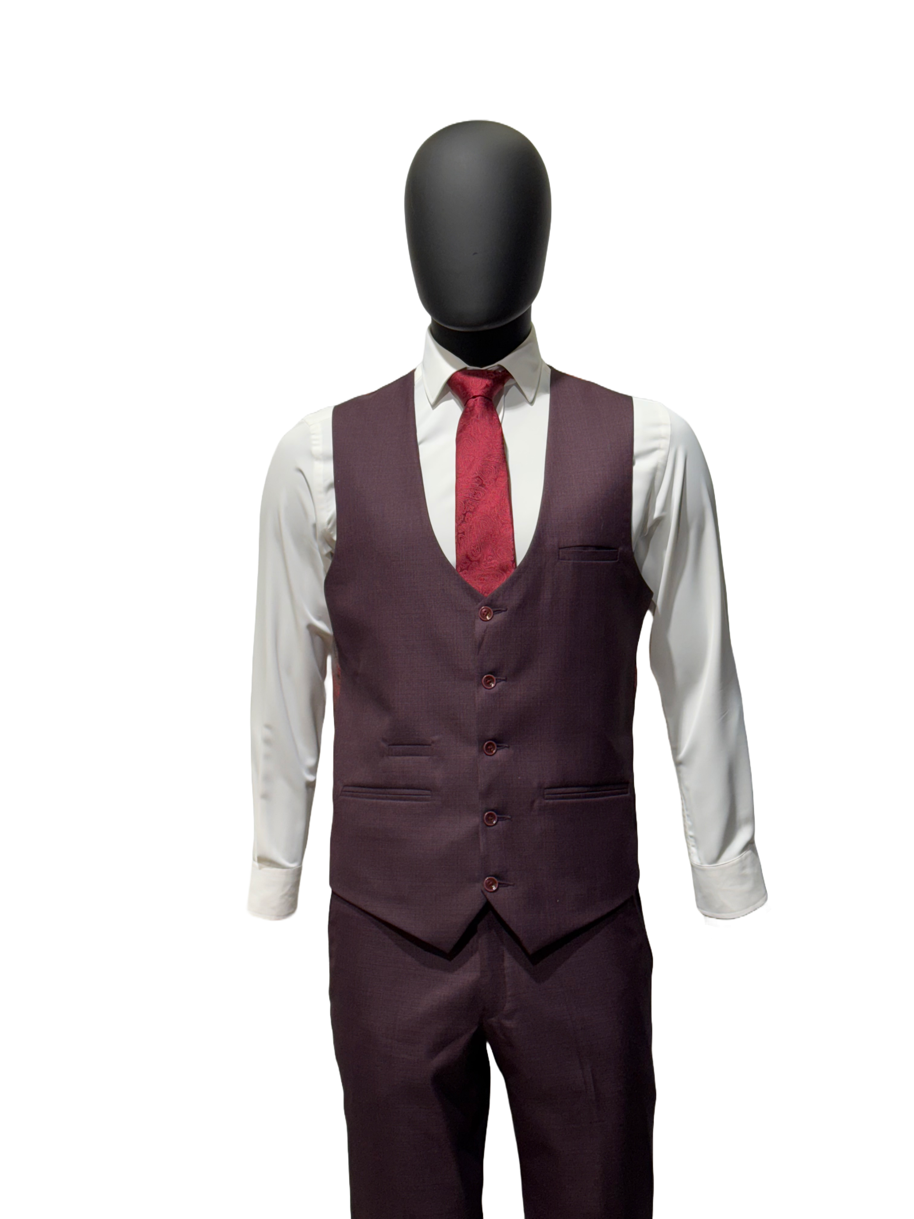 A three-piece men's suit with a wine red waistcoat, white shirt, and red tie, displayed on a mannequin against a white background.
