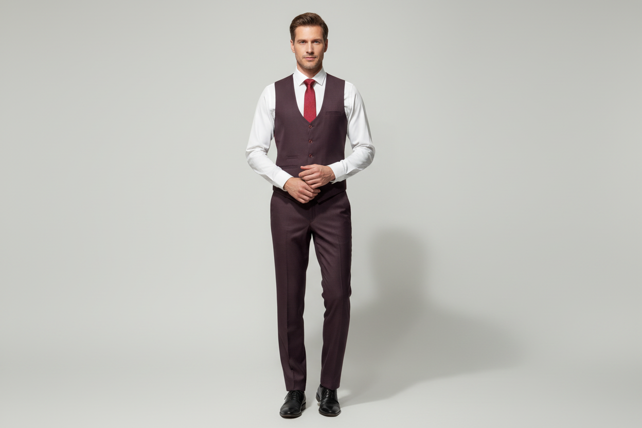 A three-piece men's suit with a wine red waistcoat, white shirt, and red tie, displayed on a mannequin against a white background.