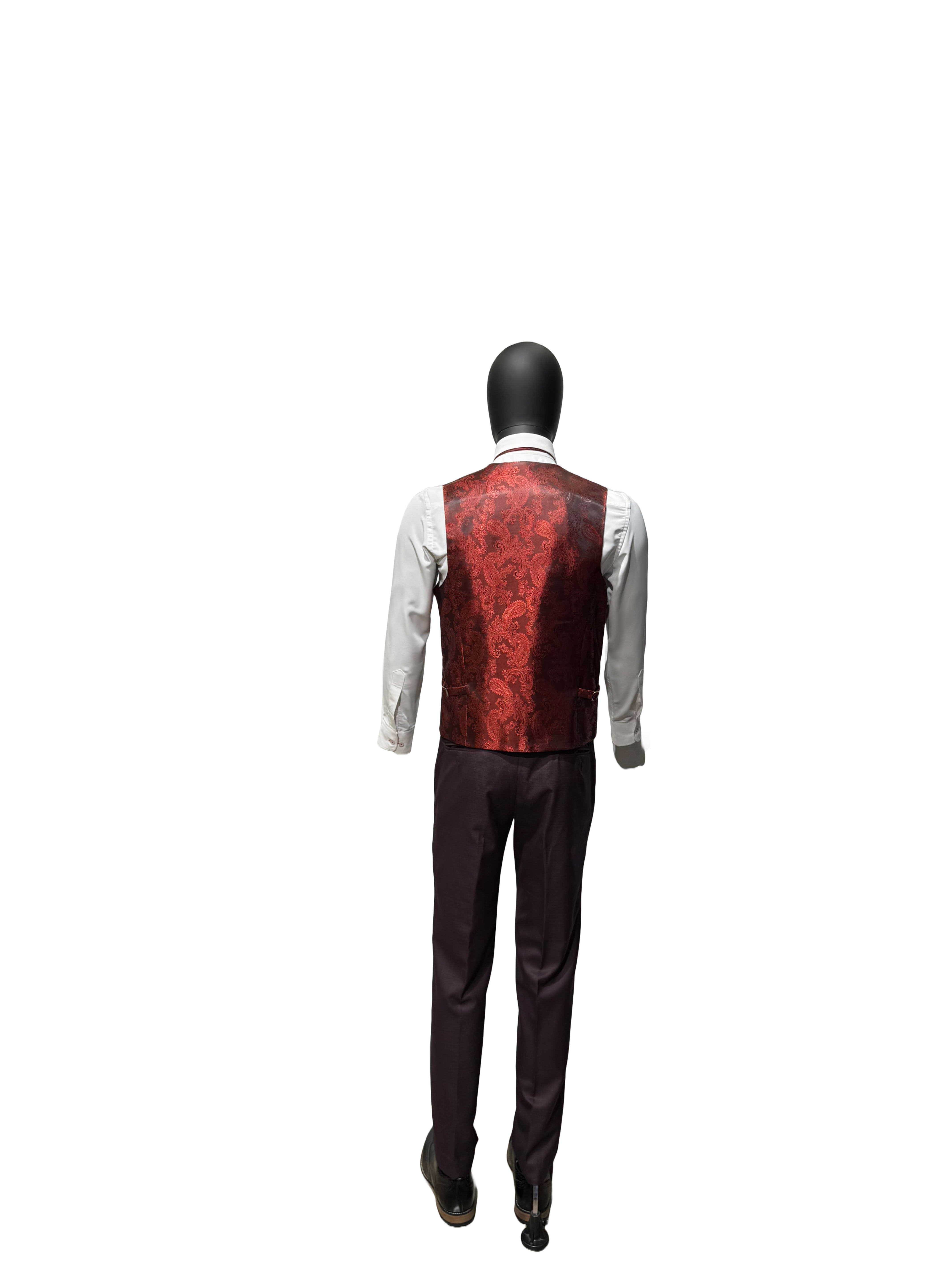 Red suit on a mannequin against a white background