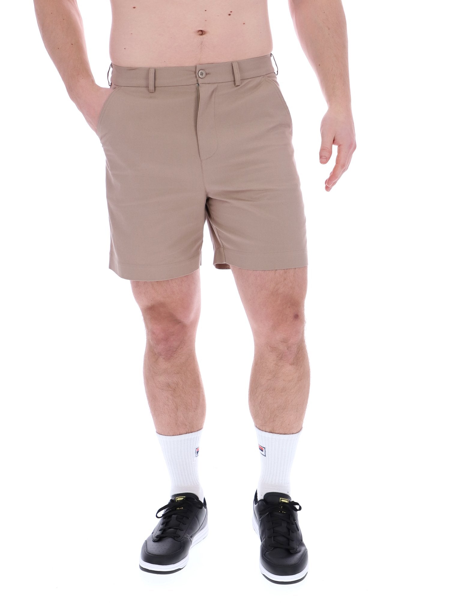 A pair of chino shorts in a neutral color, worn by a model standing against a plain background.