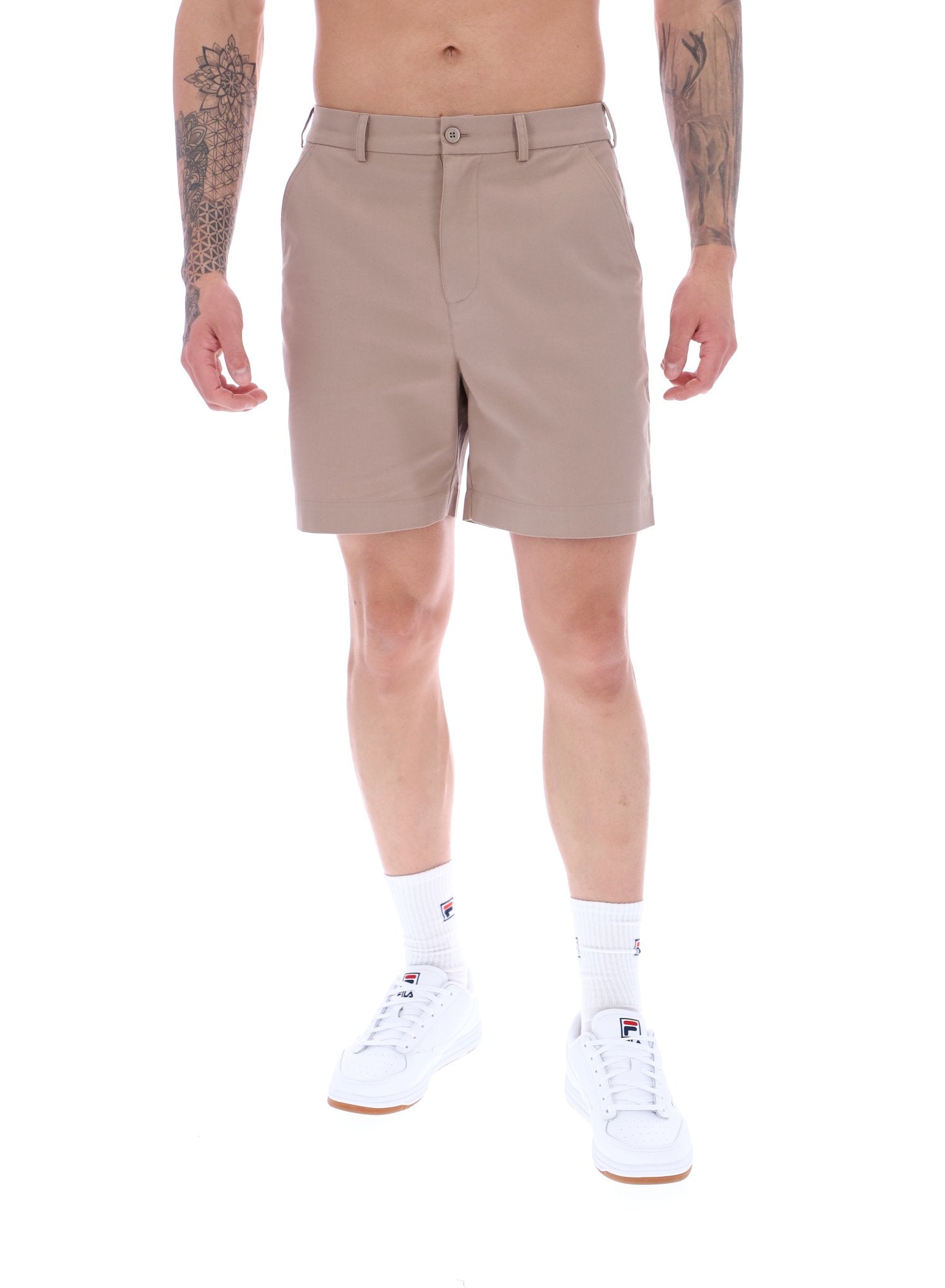 A pair of chino shorts in a neutral color, worn by a model standing against a plain background.
