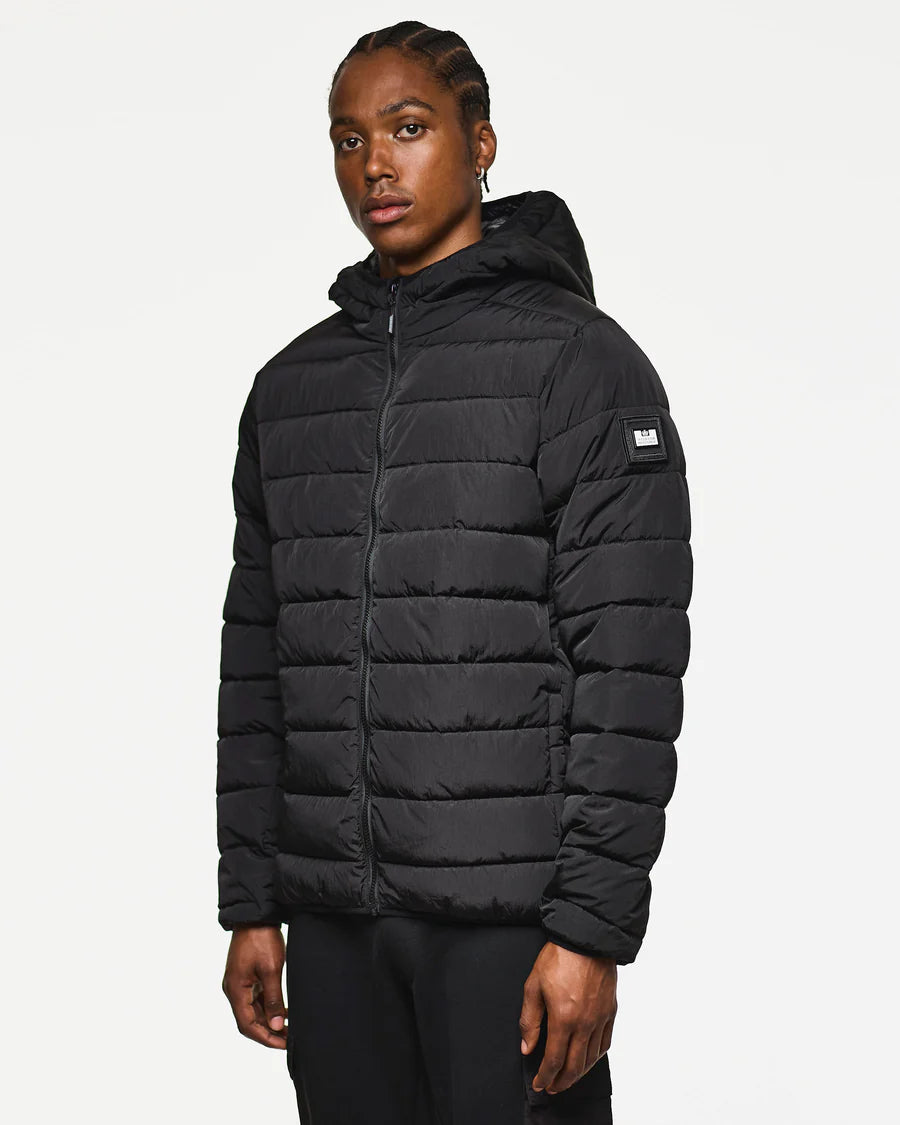 Person wearing a black puffer jacket on a white background