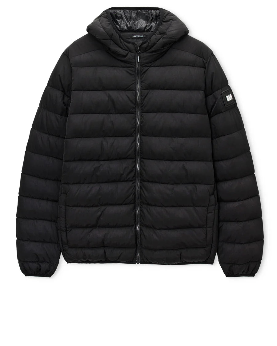 Black puffer jacket on a white background
