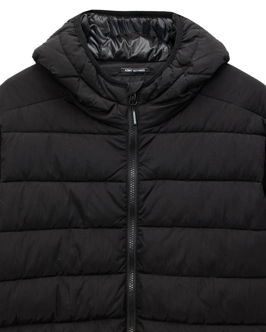 Black puffer jacket with a brand label on a white background