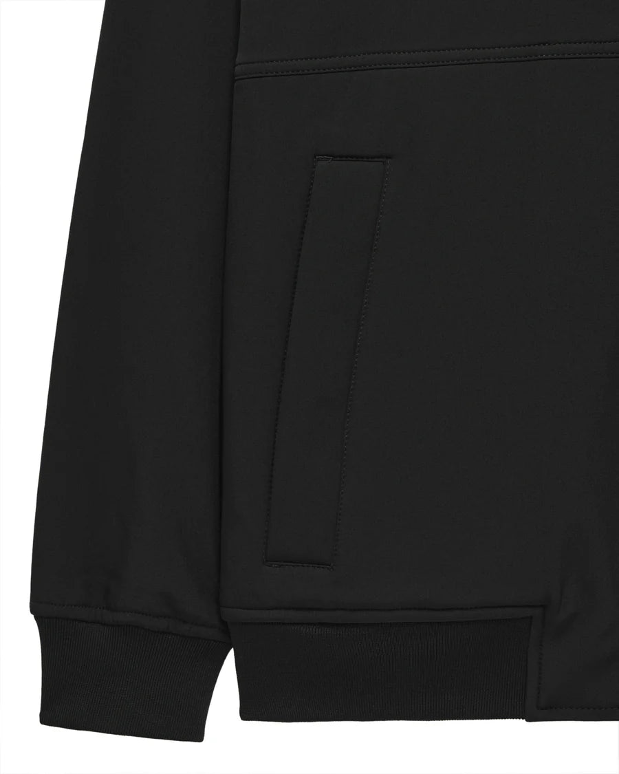 Close-up of a black hoodie with a pocket on a white background