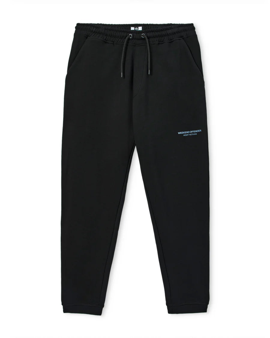 Black sweatpants with a small logo on a white background