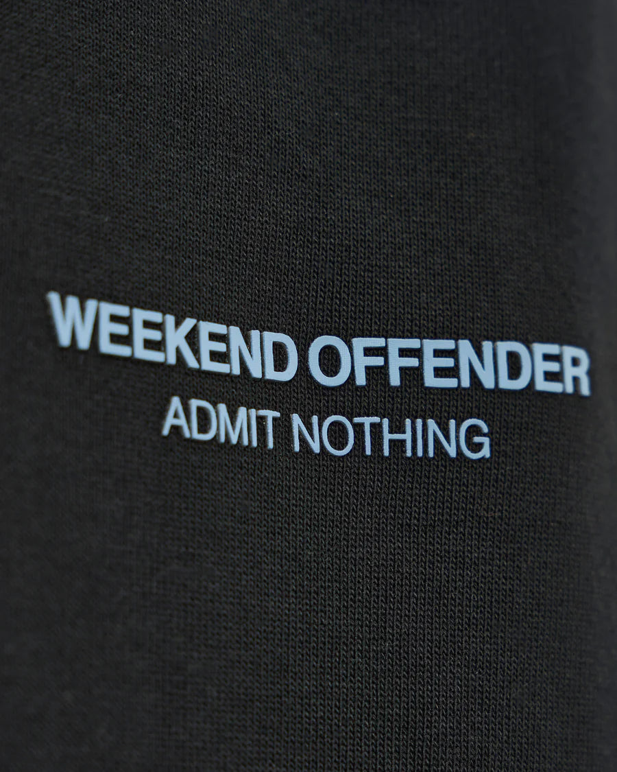 Black sweatshirt with 'Weekend Offender Admit Nothing' text on a dark background