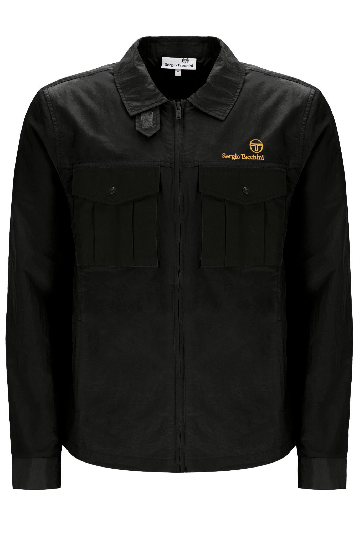 A Sergio Tacchini Luciano Shacket in black color, displaying a Spread collar, functional pockets, and embroidered branding on the chest.