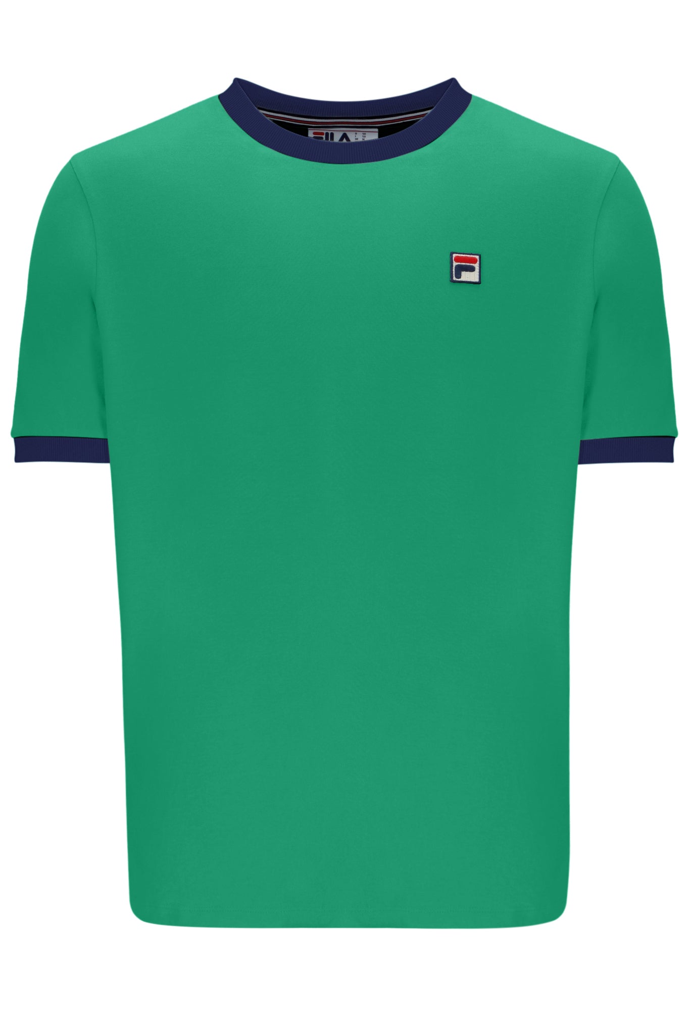 Green t-shirt with navy trim on a white background