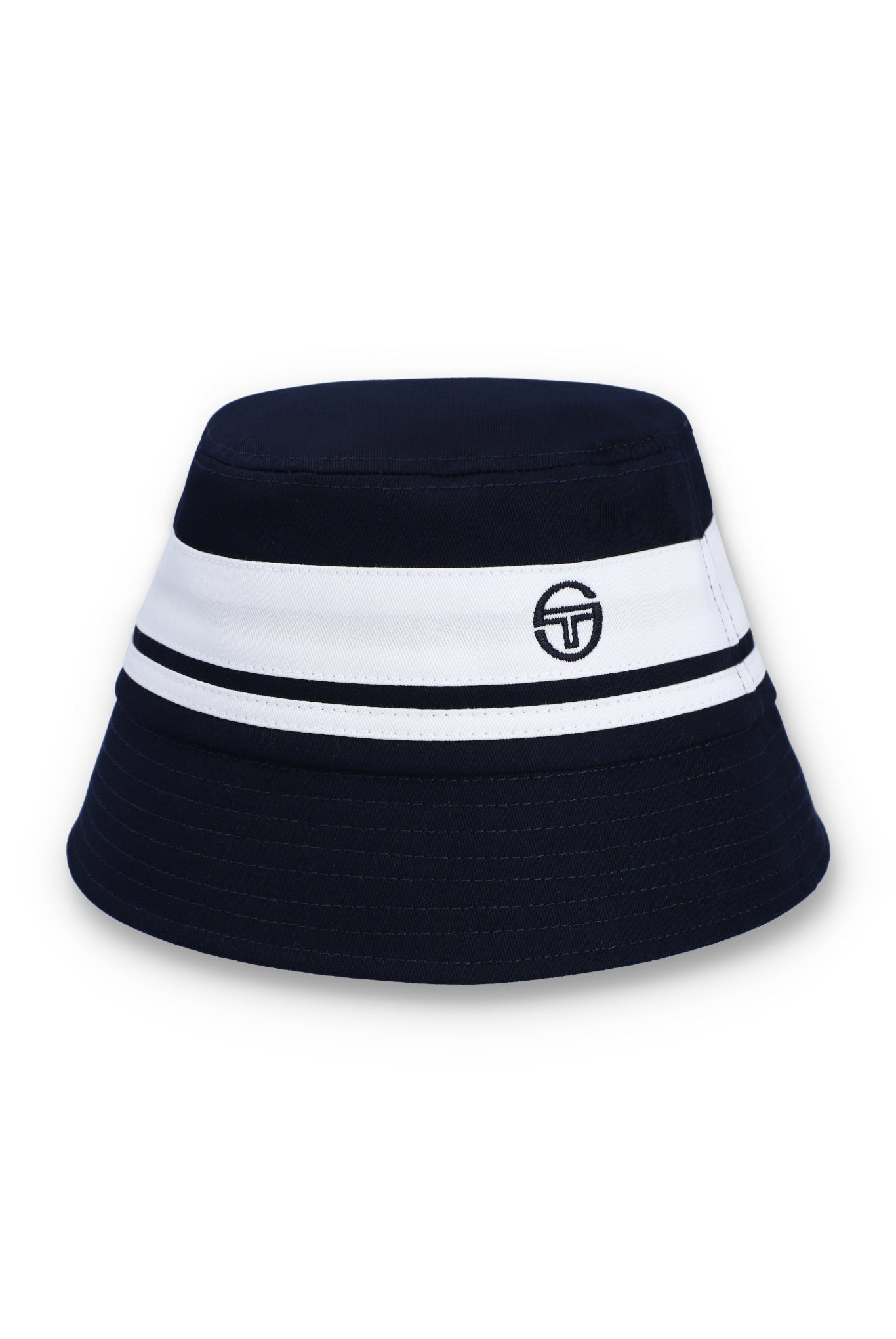 A Sergio Tacchini Newsford Bucket Hat in maritime blue color, featuring a flat top, double-stripe band, and logo embroidery on the front.