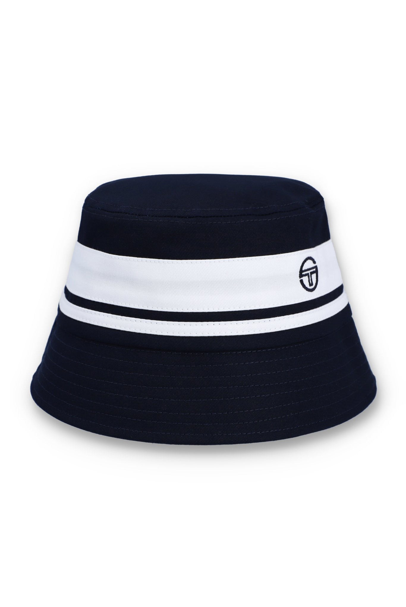 A Sergio Tacchini Newsford Bucket Hat in maritime blue color, featuring a flat top, double-stripe band, and logo embroidery on the front.