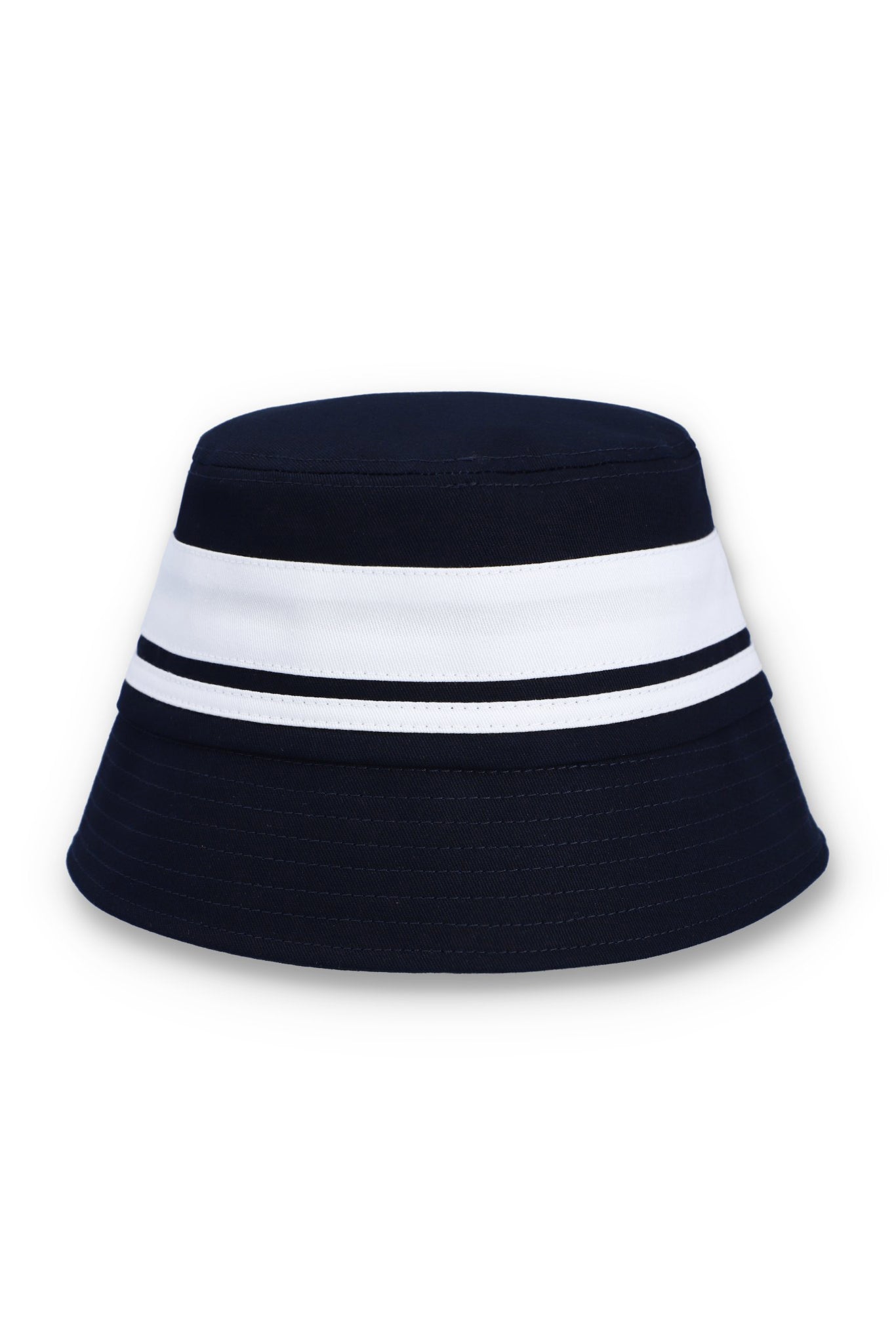 A Sergio Tacchini Newsford Bucket Hat in maritime blue color, featuring a flat top, double-stripe band, and logo embroidery on the front.