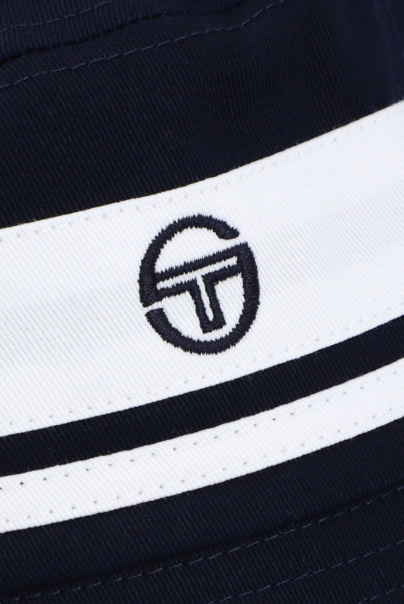 A Sergio Tacchini Newsford Bucket Hat in maritime blue color, featuring a flat top, double-stripe band, and logo embroidery on the front.