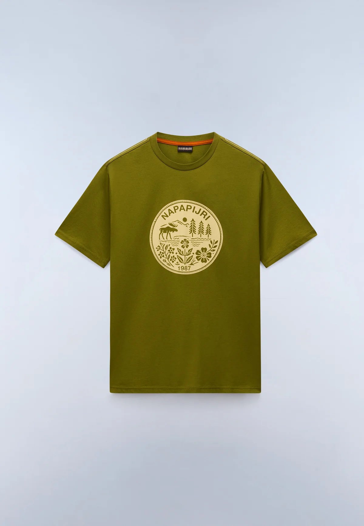 An olive green short-sleeve crewneck t-shirt by Napapijri, featuring a large circular tan logo printed on the center chest, displayed flat against a light gray background.