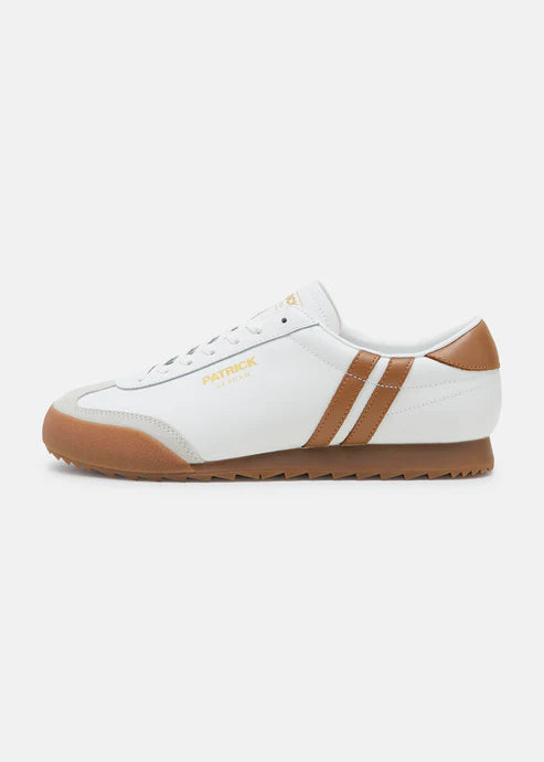 A pair of white Patrick Villan trainers with a lace-up front, rubber outsole, and gold signature logo.