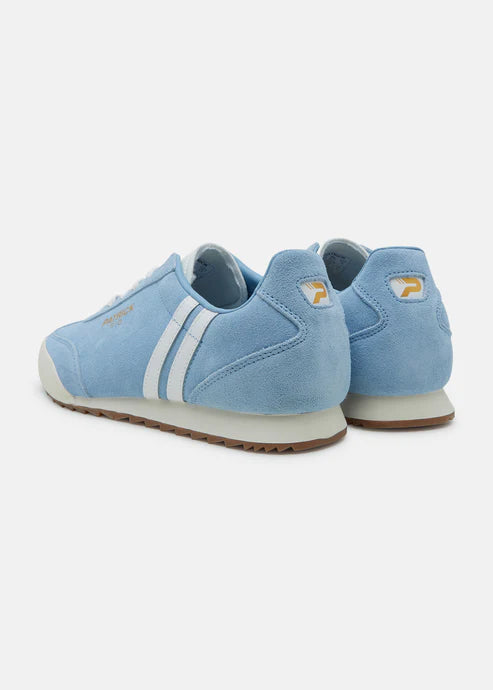 A pair of sky blue and white Patrick Rio trainers with a suede upper and a rubber sole, featuring white stripes and a gold logo.