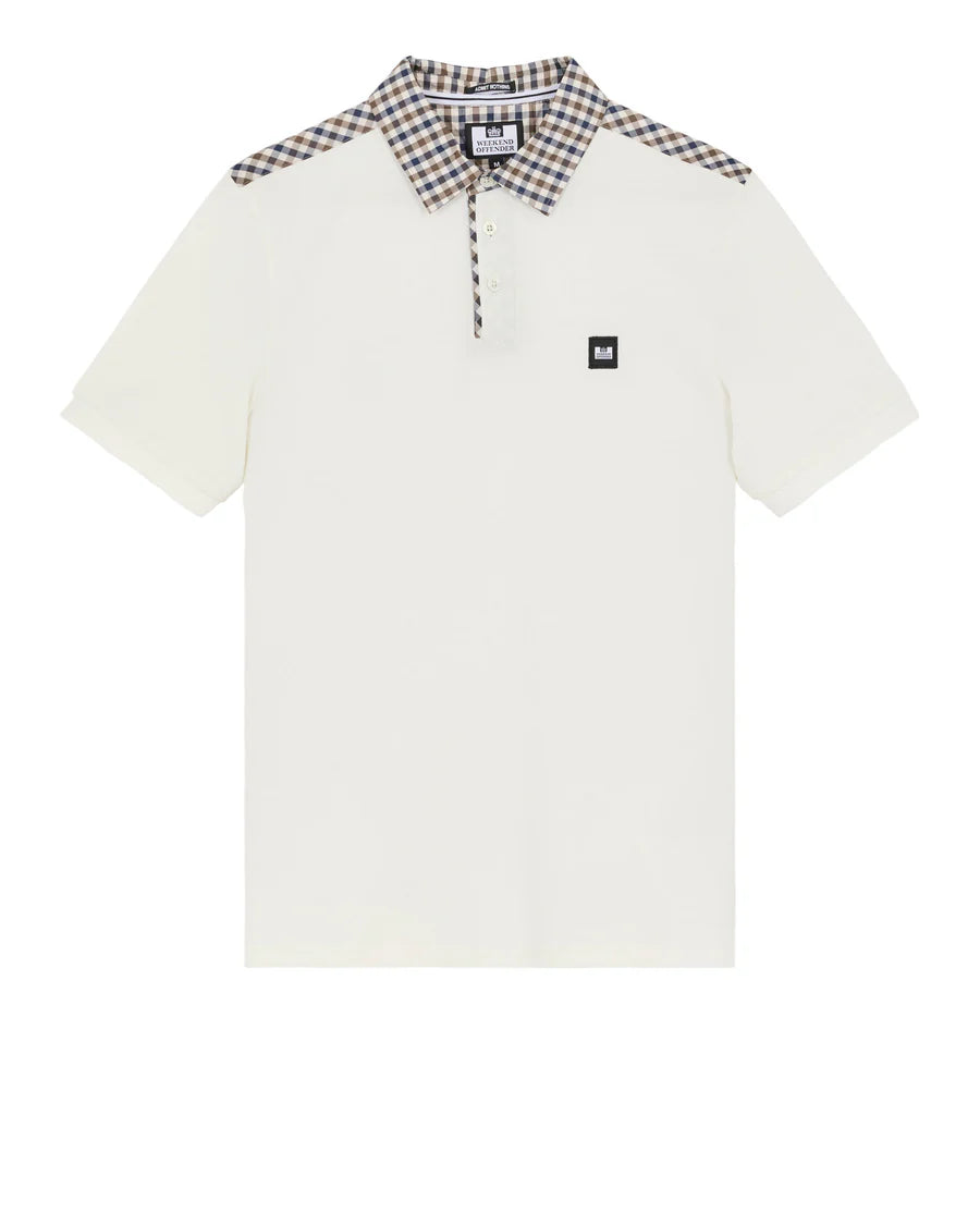 A white polo shirt with a checkered pattern around the collar and a small brand logo on the chest.