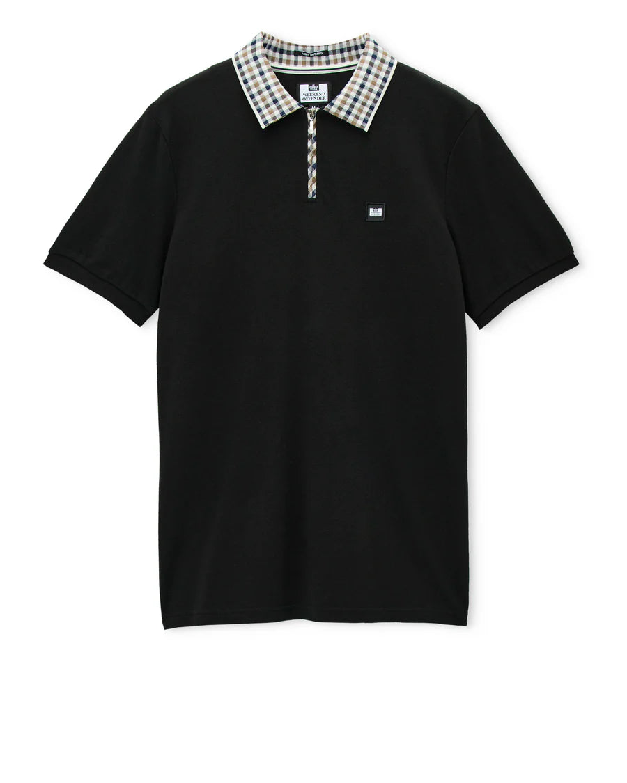 Black polo shirt with a checkered collar on a white background