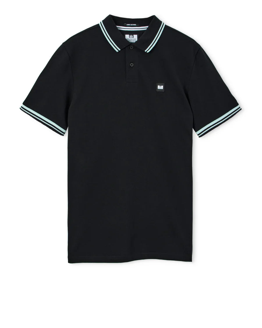 Black polo shirt with white trim on a white background